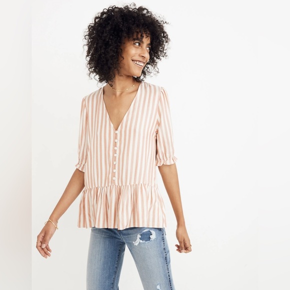 Madewell Courtyard Ruffle-Hem Top in Stripe - Picture 1 of 7